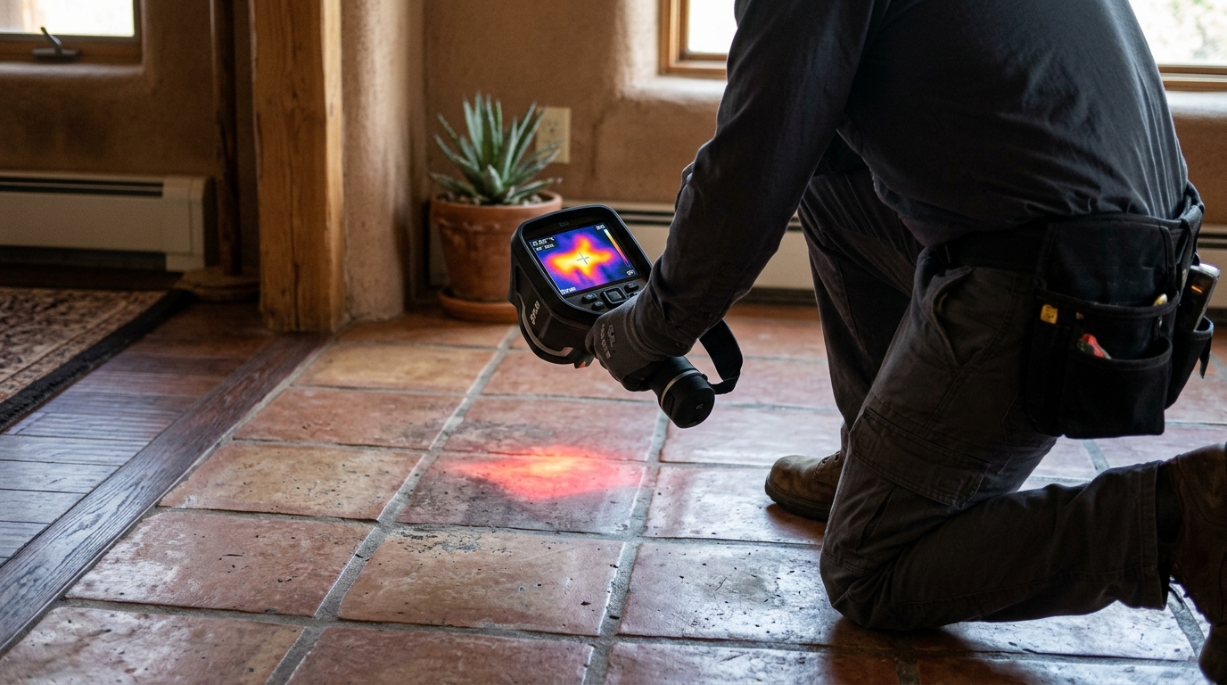 Thermal imaging detection scanning warm floor areas caused by hot water line slab leaks in Hanford