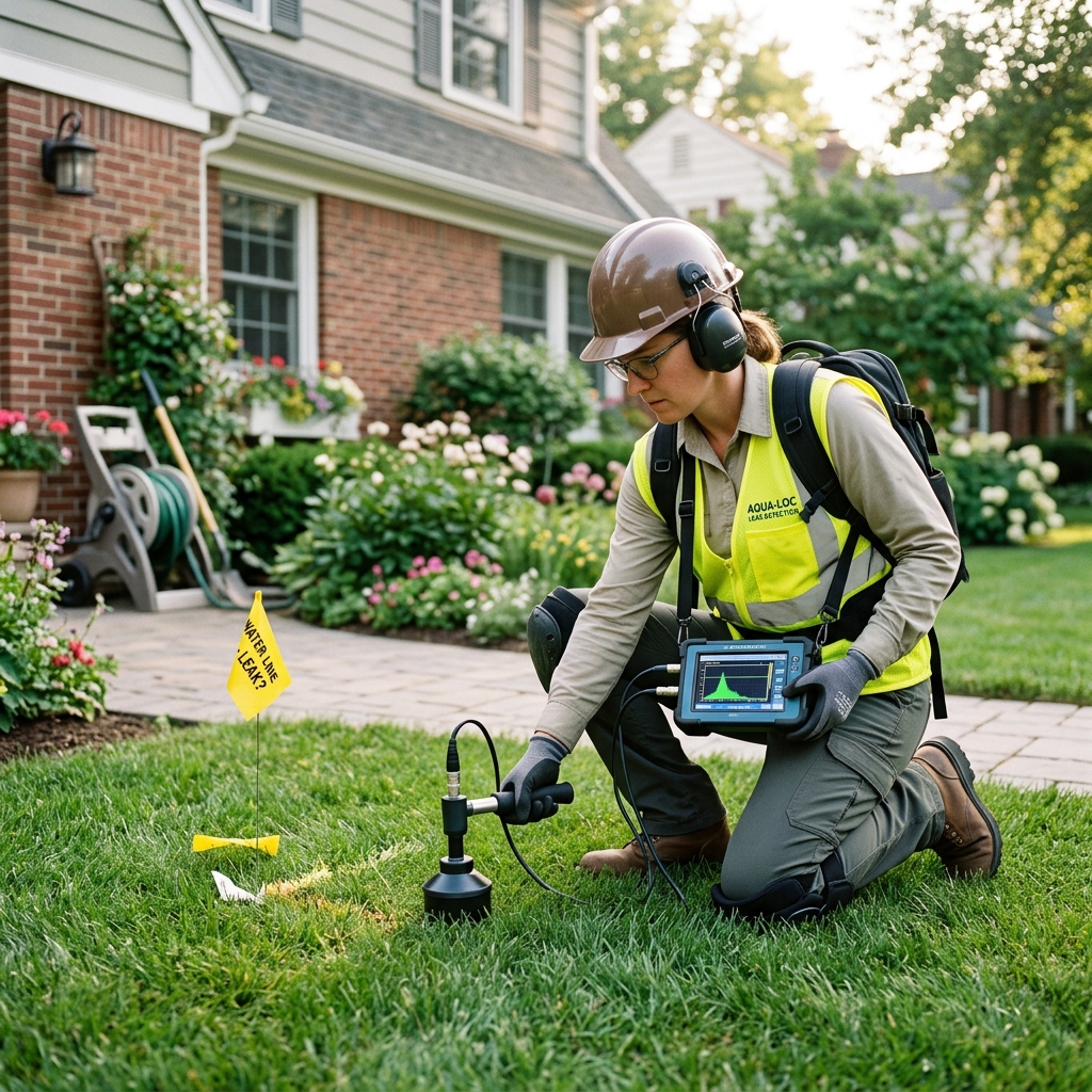 Plumbing technician utilizing digital moisture meters and acoustic leak detection equipment in Hanford