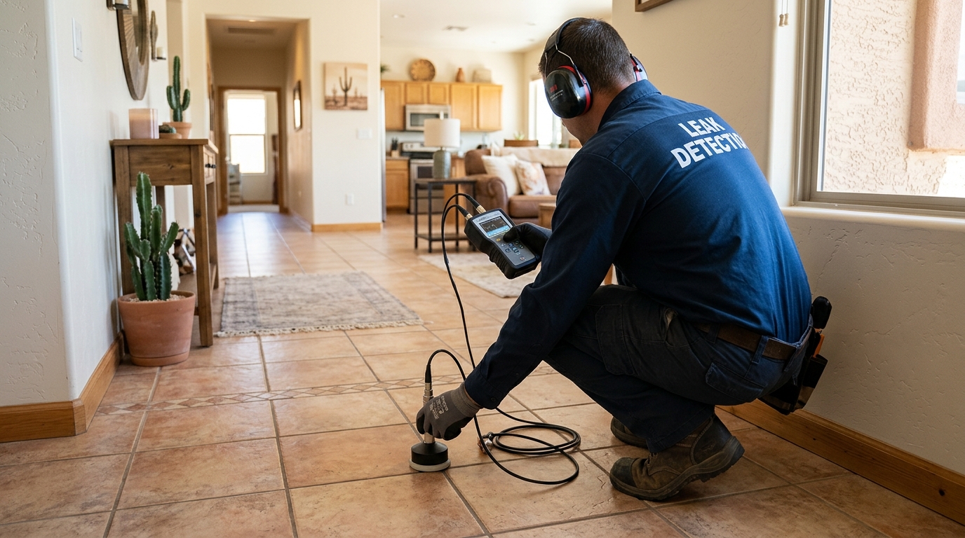 Plumbing technician utilizing acoustic detection equipment to identify sub-slab water leaks in Hanford